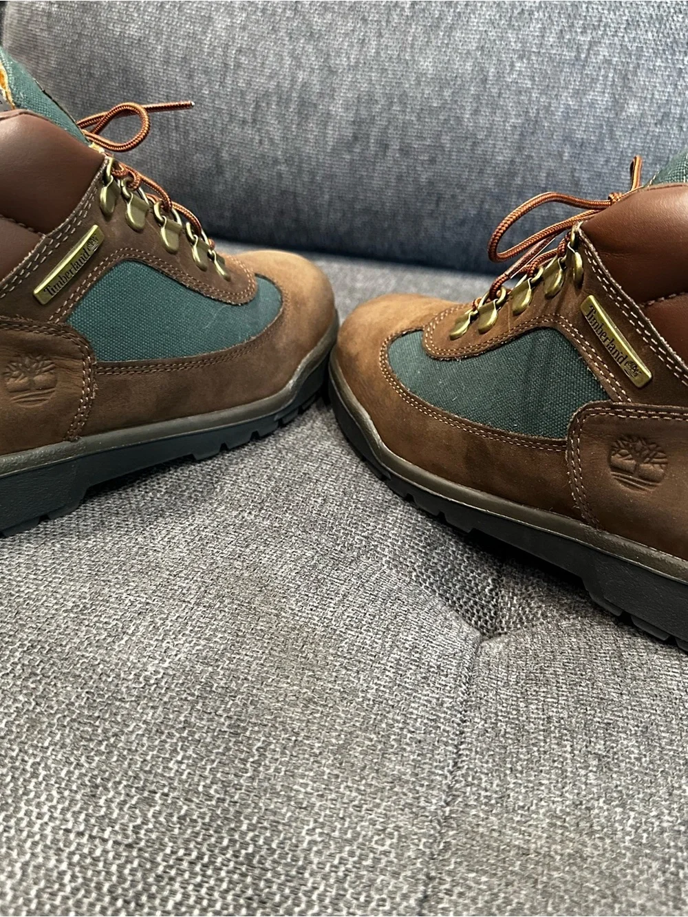 Timberland Brown and Green Fabric Hiking Boots Beef and Broccoli Boys Size 4.5